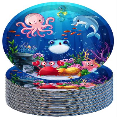 40Pcs Under the Sea Birthday Party Supplies Ocean Sea Life Party Paper Plates Ocean Animal Dessert Plates for Sea Horse Puffer Fish Octopus Marine Animals Theme Under The Sea Party Decorations (Sea)
