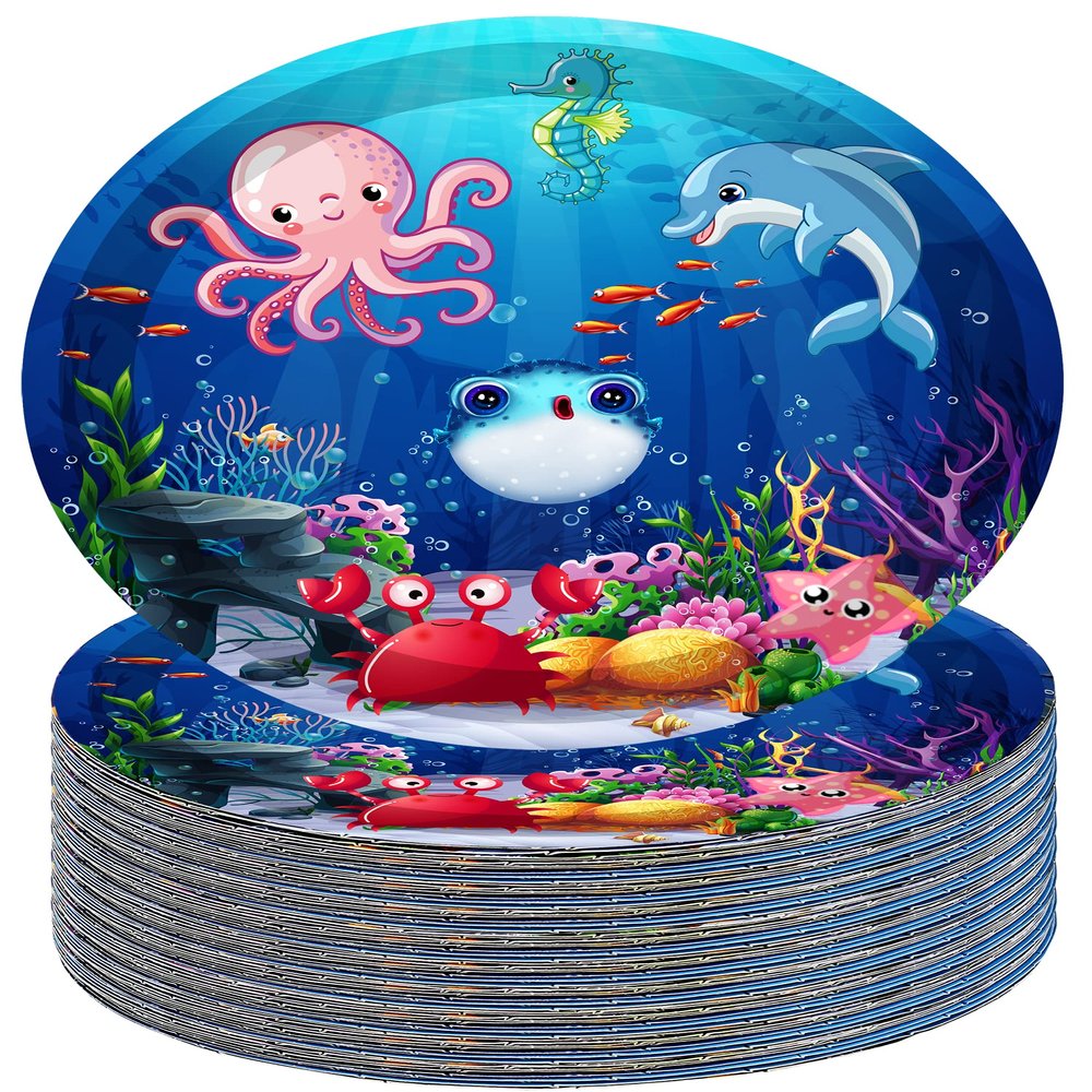 40Pcs Under the Sea Birthday Party Supplies Ocean Sea Life Party Paper Plates Ocean Animal Dessert Plates for Sea Horse Puffer Fish Octopus Marine Animals Theme Under The Sea Party Decorations (Sea)