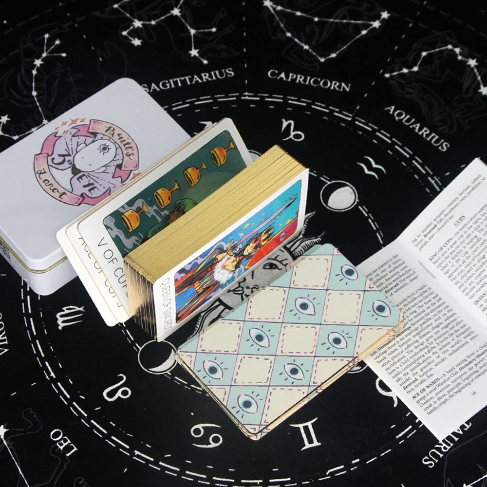 Jayiaine 78 Tarot Cards with Instruction, Waterproof, Anti-Wrinkle, Waite Tarot Cards, Deck with Exquisite Iron Box for Birthday Holiday Family Party Play Card Game,B