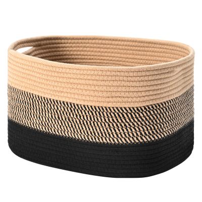 HOMHOLDON Cotton Rope Storage Baskets for Organizing 1Pack 15"x10"x9" Woven Baskets for Storage,Shelf Baskets Cube Storage Bins Towel Baskets for Bathroom,Toys Baskets Nursery Basket Laundry Baskets(Black/Brown)
