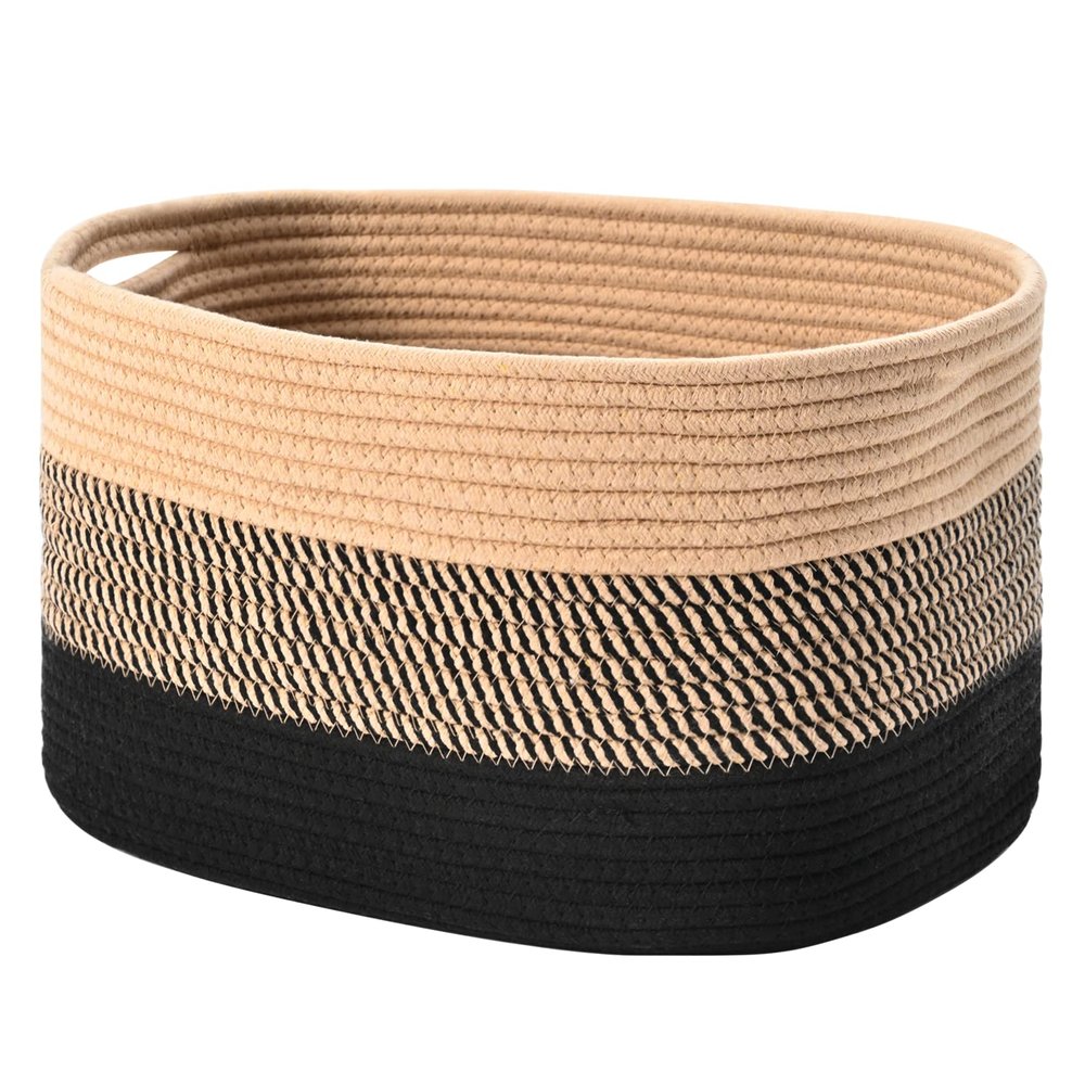 HOMHOLDON Cotton Rope Storage Baskets for Organizing 1Pack 15"x10"x9" Woven Baskets for Storage,Shelf Baskets Cube Storage Bins Towel Baskets for Bathroom,Toys Baskets Nursery Basket Laundry Baskets(Black/Brown)