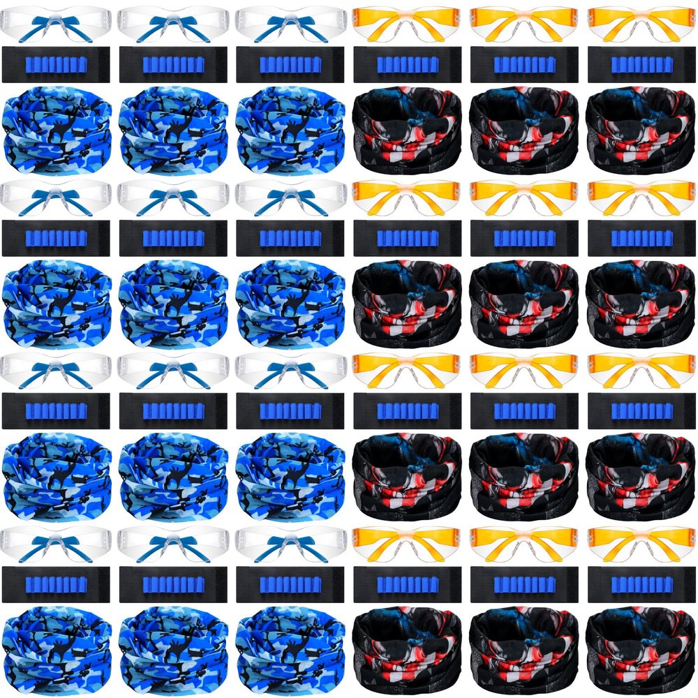 Sosation 24 Sets Nerf Party Supplies for Boys Girls 72 Pcs Gun Party Favors Two Team Nerf War Birthday Pack Safety Glasses Face Mask Wrist Belt Band Accessories Children Kids Toy Bulk(Blue and Orange)