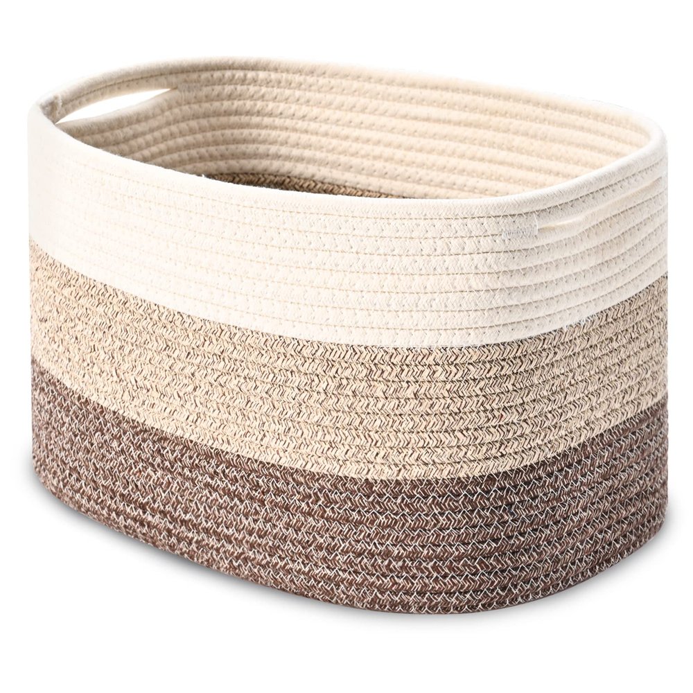 HOMHOLDON Cotton Rope Storage Baskets for Organizing 1Pack 15"x10"x9" Woven Baskets for Storage,Shelf Baskets Cube Storage Bins Towel Baskets for Bathroom,Toys Baskets Nursery Basket Laundry Baskets(White/Brown)