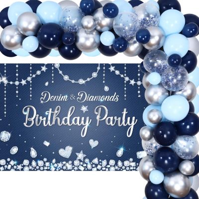 Denim and Diamonds Party Decorations - Navy Blue and Silver Balloon Garland Kit with Backdrop, Crystal Theme Birthday Party, Bridal Shower Decorations