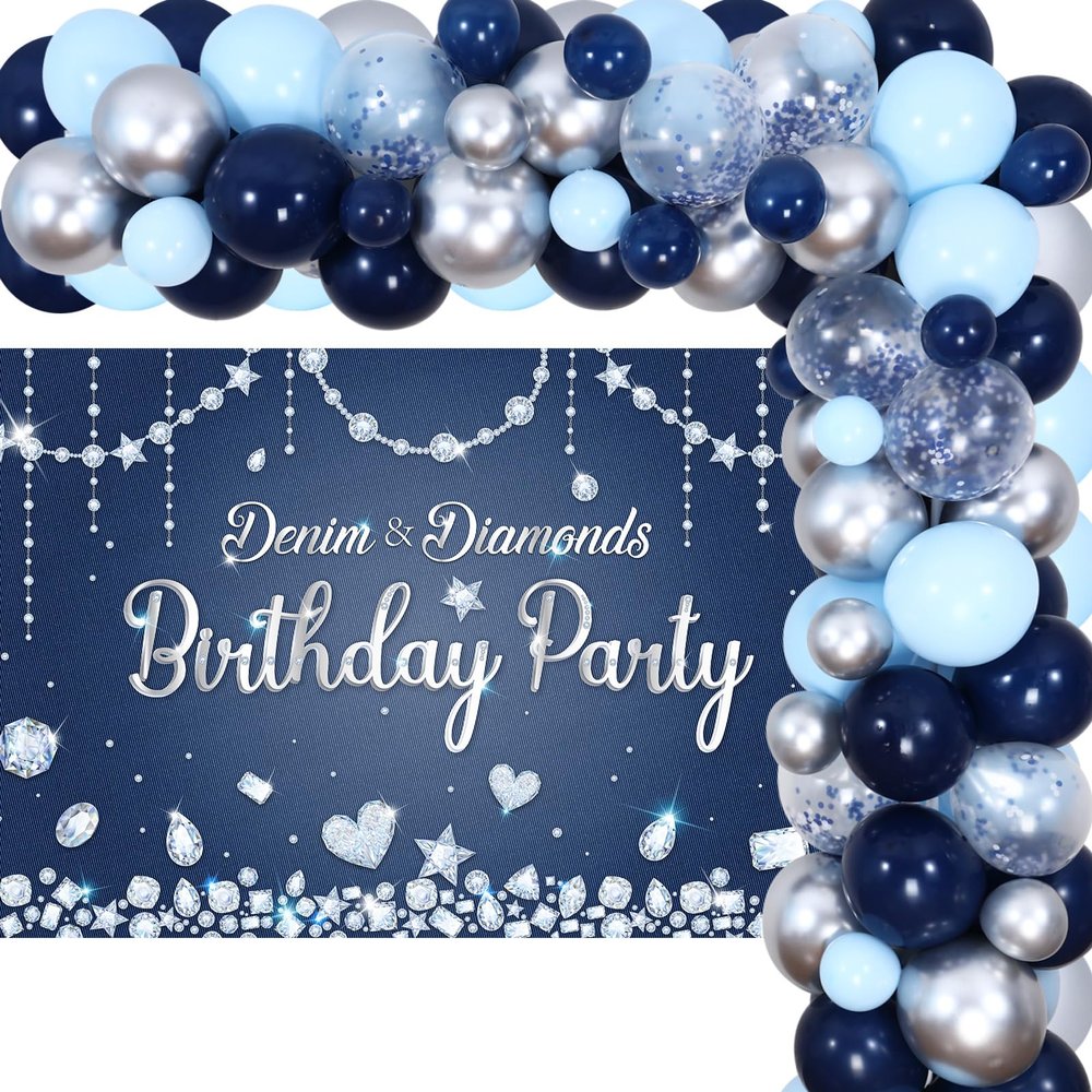 Denim and Diamonds Party Decorations - Navy Blue and Silver Balloon Garland Kit with Backdrop, Crystal Theme Birthday Party, Bridal Shower Decorations