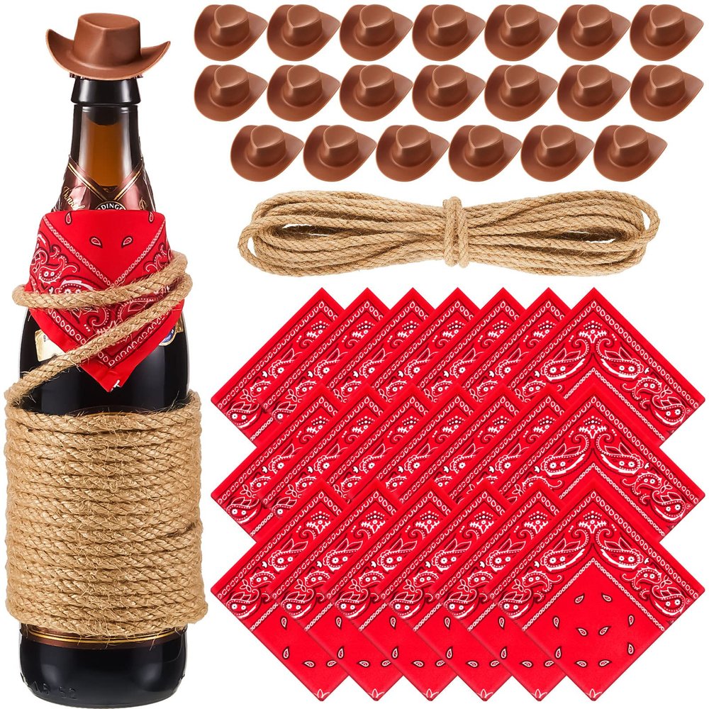 Leitee 20 Sets Mini Cowboy Hats for Crafts Plastic Tiny Cowgirl Hat with Bandannas for Western Cowboy Party Decoration(Red, Brown)