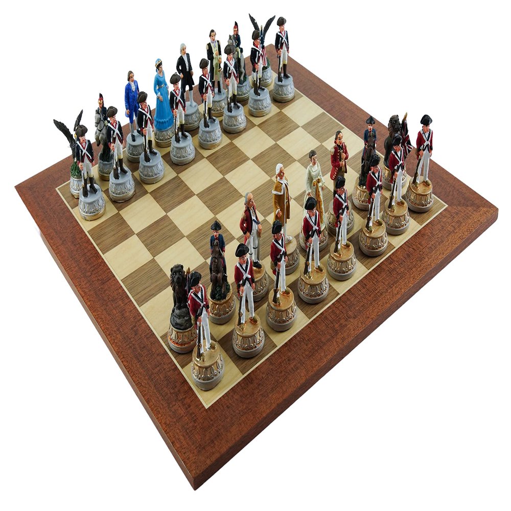 American Revolutionary War of Independence Chessmen & Stuyvesant Street Maple/Walnut Chess Board from Spain
