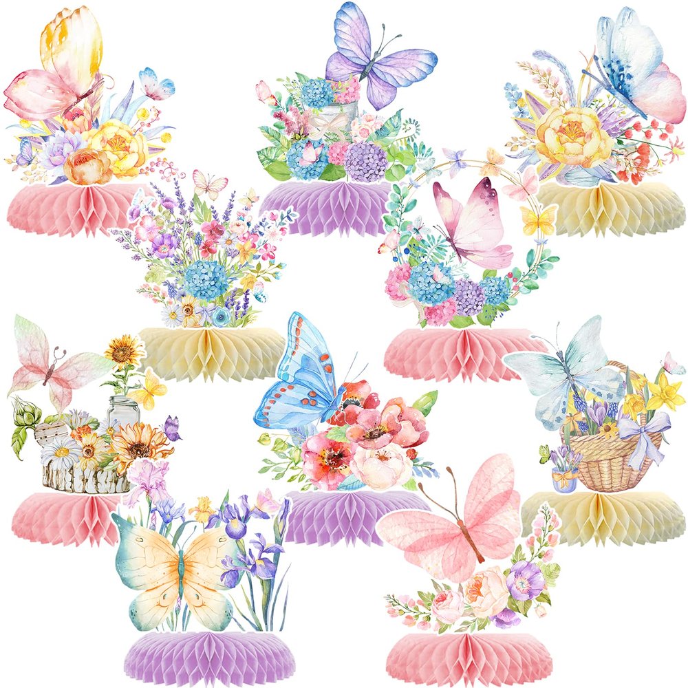 10pcs Butterfly Party Decorations - Spring Pink Purple Butterfly Flowers Centerpieces 3D Table Honeycomb Toppers for Girls Baby Shower Party Photo Prop Supplies