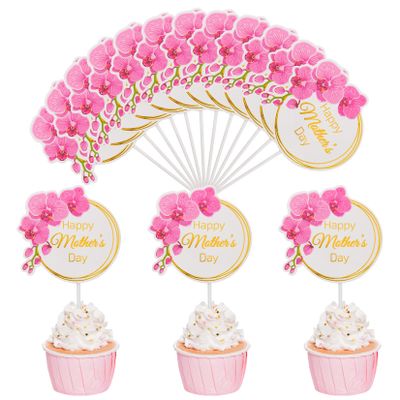 12 Pieces Happy Mother's Day Cake Toppers Flower Cupcake Topper for Mother's Day Birthday Cake Decoration Party Supplies (Style 3)