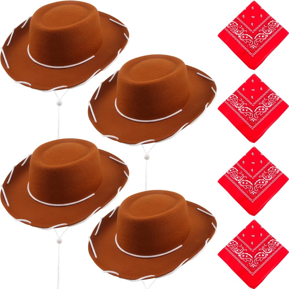 SGBETTER 4 Pack Kids Cowboy Hat with 4 Pieces Bandana Set Felt Cowboy Hat for Boys Grils Western Theme Birthday Party Costume Dress up (Brown)