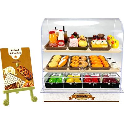 86 Pieces Miniature Bakery Case Cake Stand Display Cabinet with Food Set Mini Plastic Counter Dessert Donuts for 1:12 Doll House Store Scene Decoration Gift Dollhouse Bread Shop Model Playhouse