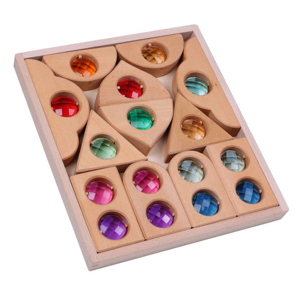KOAICS 12PCS Acrylic Gem Fairytale Windows Blocks,Translucent Cubes Stacking Toys, Sparkling Acrylic Toy Wooden Stacking Blocks,Open Ended Play Montessori Educational Wooden Toys