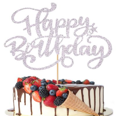 Crseniny Happy Birthday Cake Topper,Silver Glitter Birthday Sign Cake DecorationsAnniversary Party/Bday Party Decoration Supplies