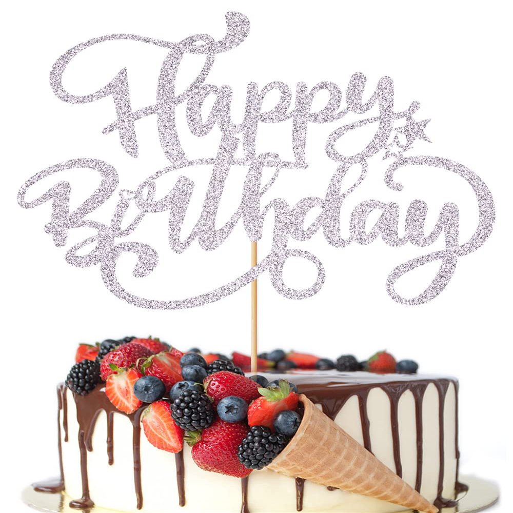 Crseniny Happy Birthday Cake Topper,Silver Glitter Birthday Sign Cake DecorationsAnniversary Party/Bday Party Decoration Supplies