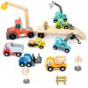 Wooden Construction Site Vehicles with Trailer 14 PCS Set, Vehicle Toys Cars for Toddlers and Kids Ages 3+ Gifts for Boys Girls, Compatible with Thomas and Other Major Brand Train Toy and Railway Set view 1