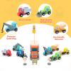 Wooden Construction Site Vehicles with Trailer 14 PCS Set, Vehicle Toys Cars for Toddlers and Kids Ages 3+ Gifts for Boys Girls, Compatible with Thomas and Other Major Brand Train Toy and Railway Set view 3