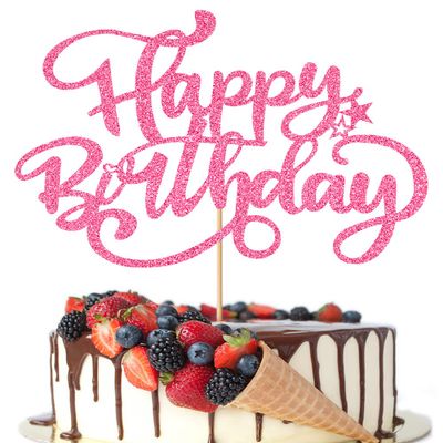 Crseniny Happy Birthday Cake Topper,Pink Glitter Birthday Sign Cake DecorationsAnniversary Party/Bday Party Decoration Supplies (Pink Glitter)