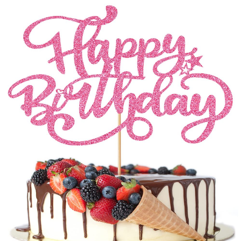 Crseniny Happy Birthday Cake Topper,Pink Glitter Birthday Sign Cake DecorationsAnniversary Party/Bday Party Decoration Supplies (Pink Glitter)