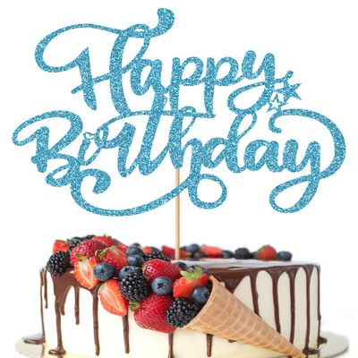 Crseniny Happy Birthday Cake Topper,Blue Glitter Birthday Sign Cake DecorationsAnniversary Party/Bday Party Decoration Supplies