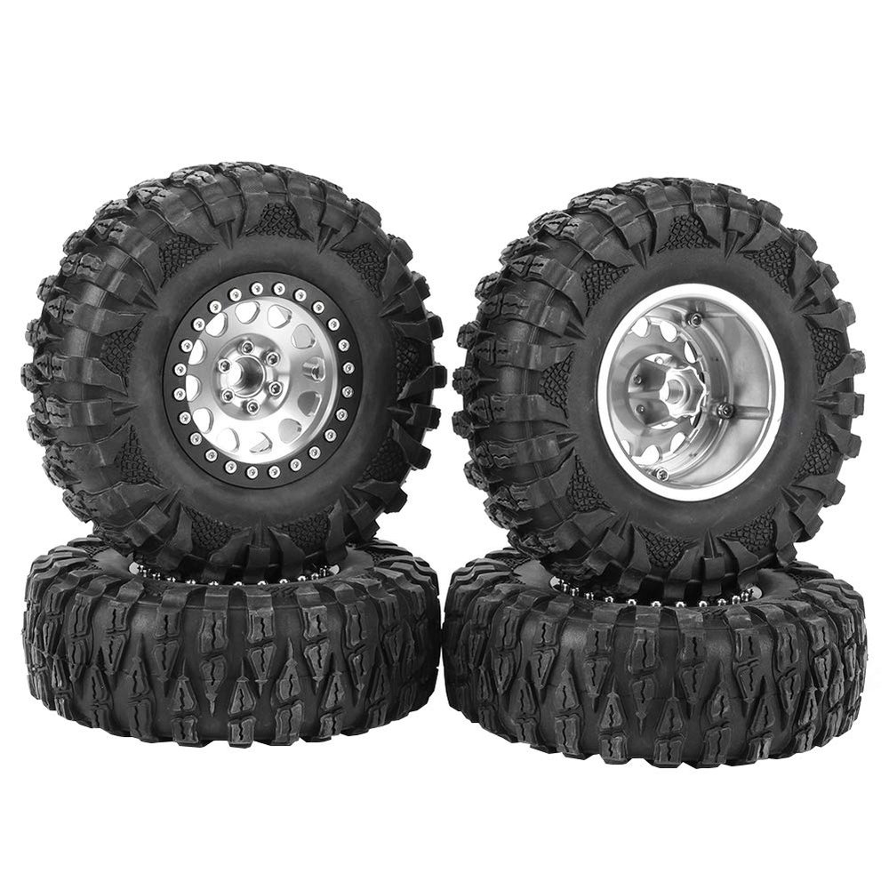 SPYMINNPOO 4pcs RC Crawler Car Tyre, Metal Wheel Hub Accessory Tire 1/10 RC Car 2.2 Inch Tire & Wheel Sets Wheels & Tires (Silver)