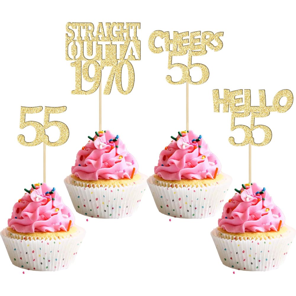 Gyufise 24Pcs Happy 55th Cupcake Toppers Glitter Fifty-five Straight Outta 1970 Cupcake Picks Cheers to 55 Years Birthday Cake Decorations for Happy 55th Birthday Anniversary Party Supplies Gold