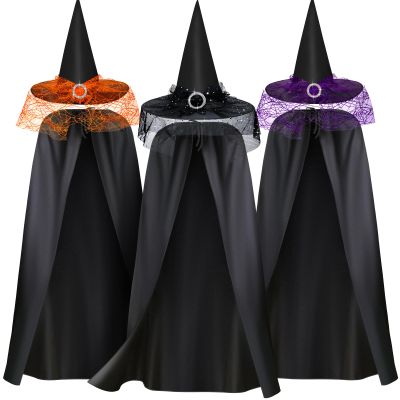 3 Set Halloween Witch Hat with Cloak for Women Costume Witches Cape and Lace Veils Wizard Hat for Cosplay Carnival Party(Black, Orange, Purple)