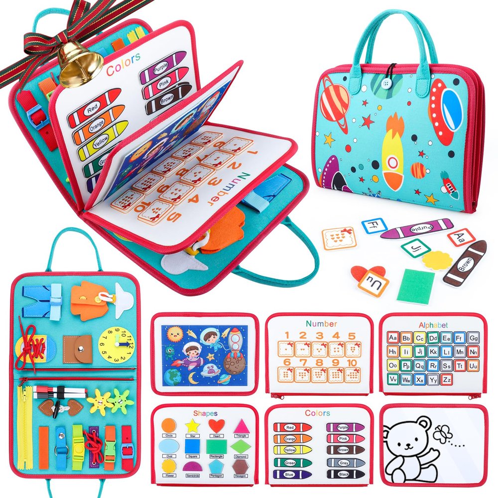 FASTSPOK Busy Board for Toddlers 2-4, Montessori Travel Toy for Plane/Car, Educational Sensory Toy for Toddlers 1-3, Preschool Activities Board for Developing Fine Motor Skills, Gift for Boys Girls