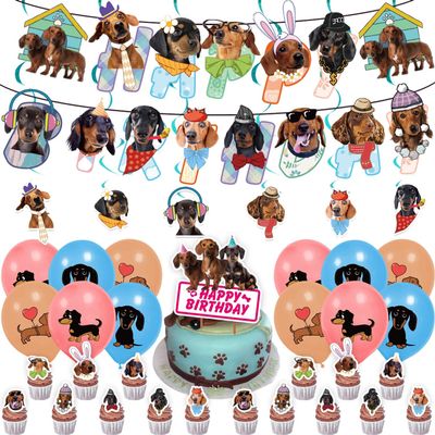 ADIANZI Dachshund Birthday Party Decorations Funny Dachshund Birthday Banner Hanging Swirls Dachshund Cake Topper Balloons Cupcake Toppers Dachshund Party Supplies With Different Dog Faces