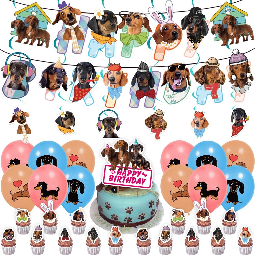 ADIANZI Dachshund Birthday Party Decorations Funny Dachshund Birthday Banner Hanging Swirls Dachshund Cake Topper Balloons Cupcake Toppers Dachshund Party Supplies With Different Dog Faces