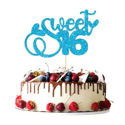 1Pc Sweet Teenager 16 Cake Topper Glitter 16th Birthday Cake Pick Decorations for Cheers to 16 Years Old 16th Birthday Party Cake Decorations Supplies Light Blue