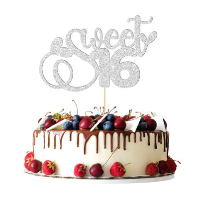 1Pc Sweet Teenager 16 Cake Topper Glitter 16th Birthday Cake Pick for Cheers to 16 Years Old 16th Birthday Party Cake Decorations Supplies Sliver