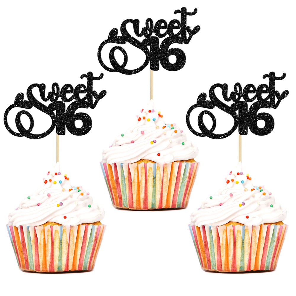 24Pcs 16th Birthday Cupcake Toppers Glitter Sixteen Happy Sweet 16 Cupcake Picks Cheers to 16 Years Old Cupcake Decorations for 16th Birthday Anniversary Party Cake Decorations Supplies Black