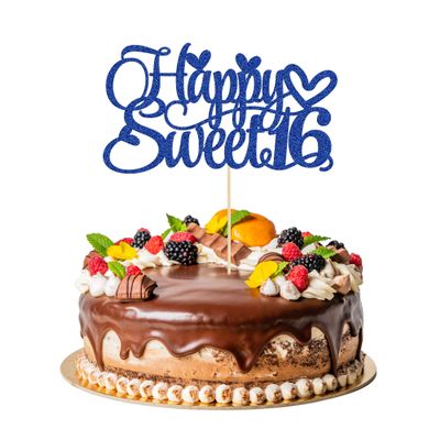 1Pc Happy Sweet 16 Cake Topper Glitter 16th Birthday Cake Pick Decorations for Cheers to 16 Years Old 16th Birthday Party Cake Decorations Supplies Deep Blue