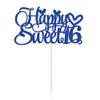 1Pc Happy Sweet 16 Cake Topper Glitter 16th Birthday Cake Pick Decorations for Cheers to 16 Years Old 16th Birthday Party Cake Decorations Supplies Deep Blue view 4