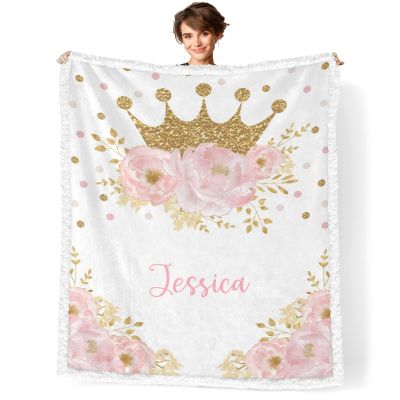 Pink Floral Gold Crown Personalized Sherpa Baby Blankets for Boys Girls,Soft Newborn Naps Custom Name Blanket for Shower Gift 30x40 in