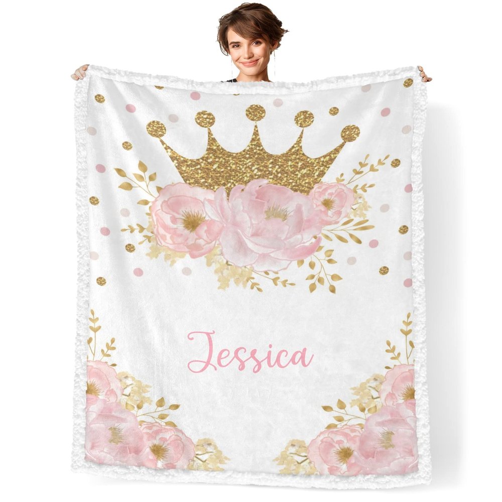 Pink Floral Gold Crown Personalized Sherpa Baby Blankets for Boys Girls,Soft Newborn Naps Custom Name Blanket for Shower Gift 30x40 in