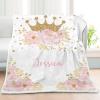 Pink Floral Gold Crown Personalized Sherpa Baby Blankets for Boys Girls,Soft Newborn Naps Custom Name Blanket for Shower Gift 30x40 in view 2