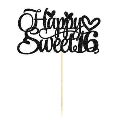 1Pc Happy Sweet 16 Cake Topper Glitter 16th Birthday Cake Pick for Cheers to 16 Years Old 16th Birthday Party Cake Decorations Supplies Black