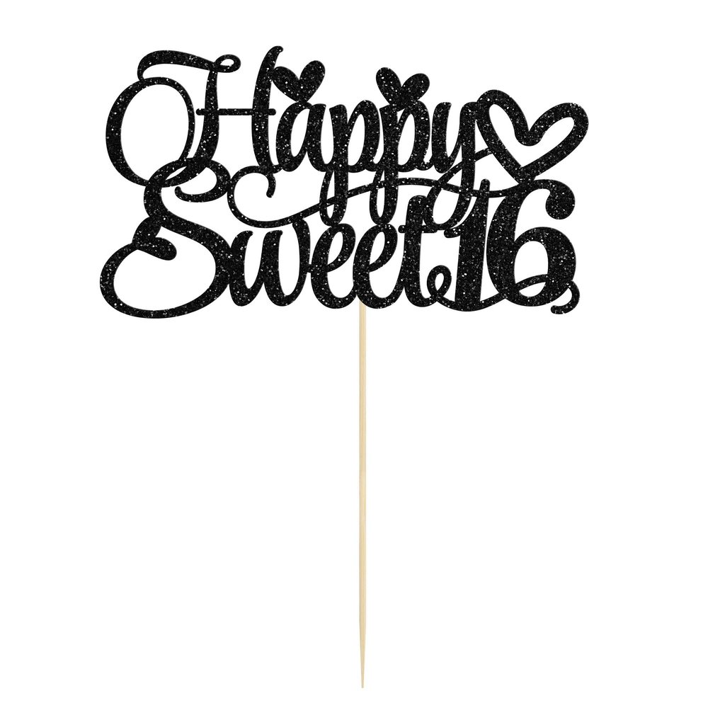 1Pc Happy Sweet 16 Cake Topper Glitter 16th Birthday Cake Pick for Cheers to 16 Years Old 16th Birthday Party Cake Decorations Supplies Black