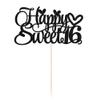 1Pc Happy Sweet 16 Cake Topper Glitter 16th Birthday Cake Pick for Cheers to 16 Years Old 16th Birthday Party Cake Decorations Supplies Black view 1