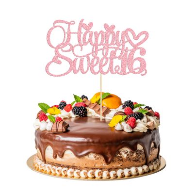 1Pc Happy Sweet 16 Cake Topper Glitter 16th Birthday Cake Pick Decorations for Cheers to 16 Years Old 16th Birthday Party Cake Decorations Supplies Pink