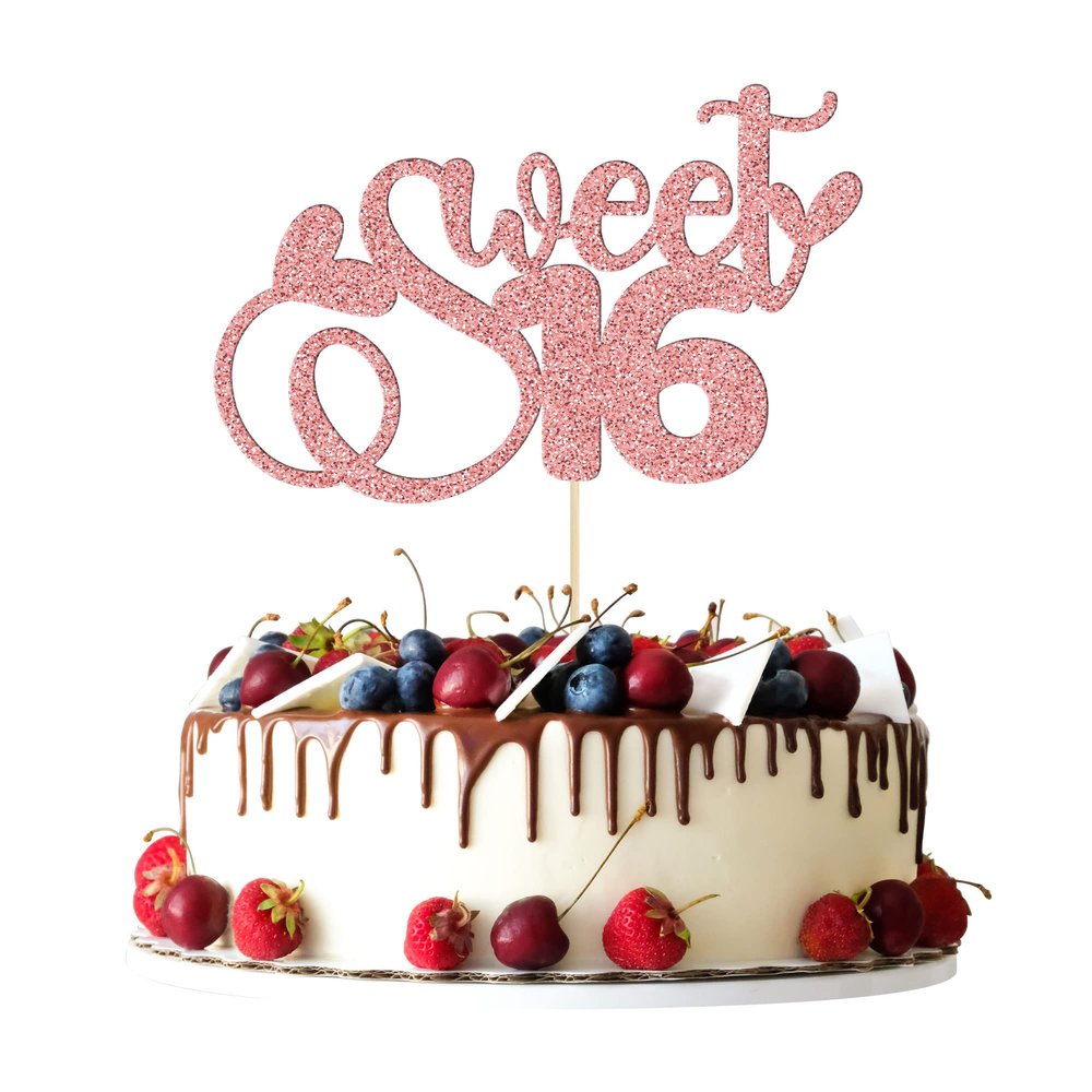 1Pc Sweet 16 Cake Topper Glitter 16th Birthday Cake Pick Decorations for Cheers to 16 Years Old 16th Birthday Party Cake Decorations Supplies Rose Gold