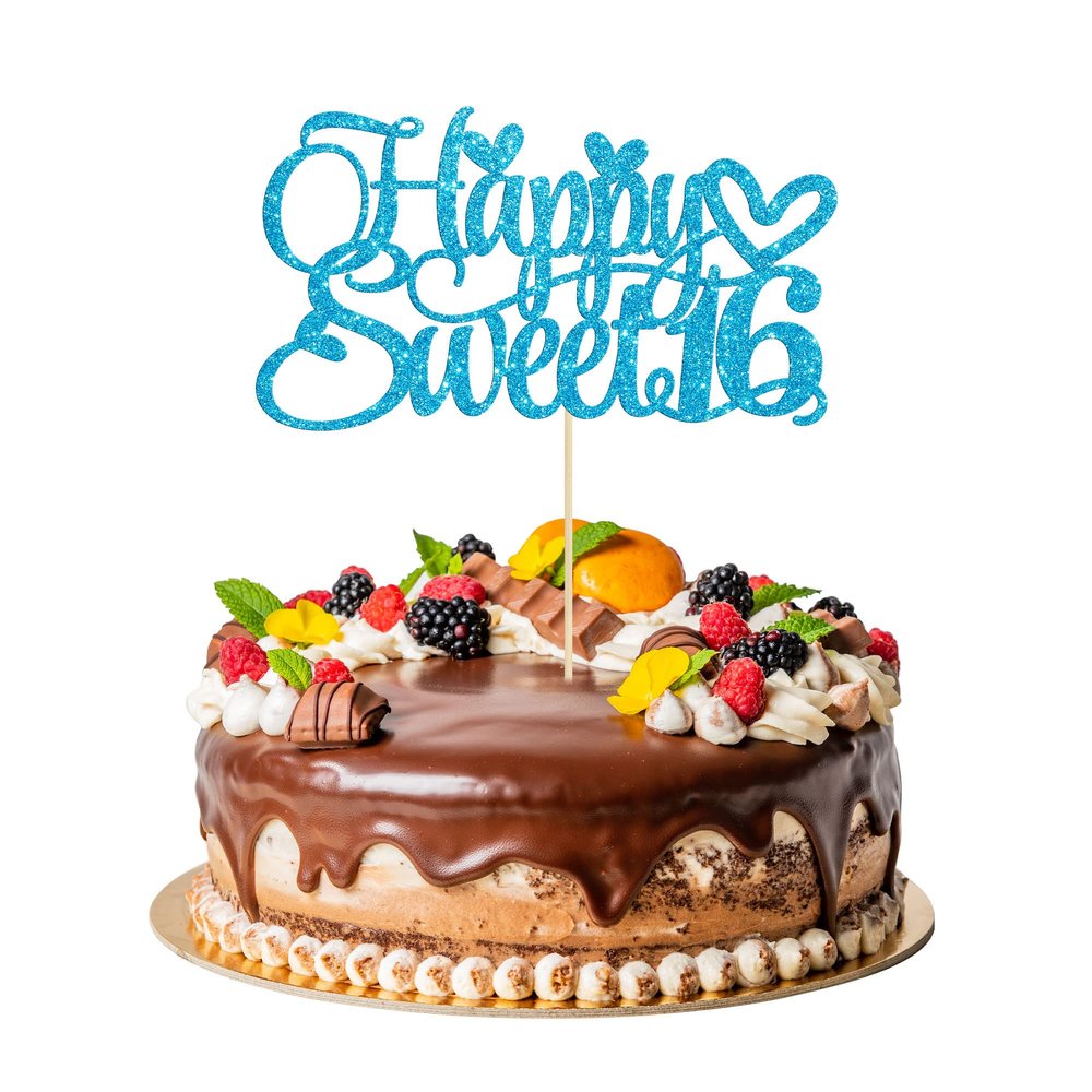 1Pc Happy Sweet 16 Cake Topper Glitter 16th Birthday Cake Pick for Cheers to 16 Years Old 16th Birthday Party Cake Decorations Supplies Light Blue