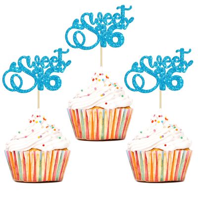 24Pcs 16th Birthday Cupcake Toppers Glitter Sixteen Happy Sweet 16 Cupcake Picks Cheers to 16 Years Old Cupcake Decorations for 16th Birthday Anniversary Party Cake Decorations Supplies Light Blue