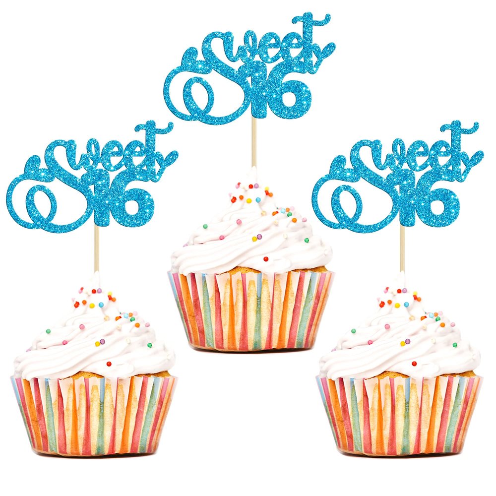 24Pcs 16th Birthday Cupcake Toppers Glitter Sixteen Happy Sweet 16 Cupcake Picks Cheers to 16 Years Old Cupcake Decorations for 16th Birthday Anniversary Party Cake Decorations Supplies Light Blue