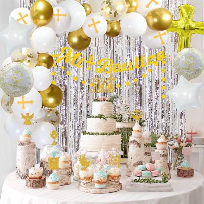 Mi Bautizo Decorations Set Gold Glitter Mi Bautizo Banner Cross Balloons Arch Garland God Bless Cupcake Toppers Mexican Baptism Party Decorations Newborn Baby Celebrations Baby Shower