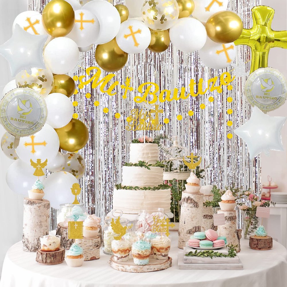 Mi Bautizo Decorations Set Gold Glitter Mi Bautizo Banner Cross Balloons Arch Garland God Bless Cupcake Toppers Mexican Baptism Party Decorations Newborn Baby Celebrations Baby Shower