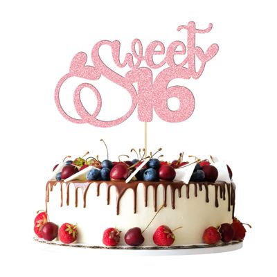 1Pc Sweet Teenager 16 Cake Topper Glitter 16th Birthday Cake Pick Decorations for Cheers to 16 Years Old 16th Birthday Party Cake Decorations Supplies Pink
