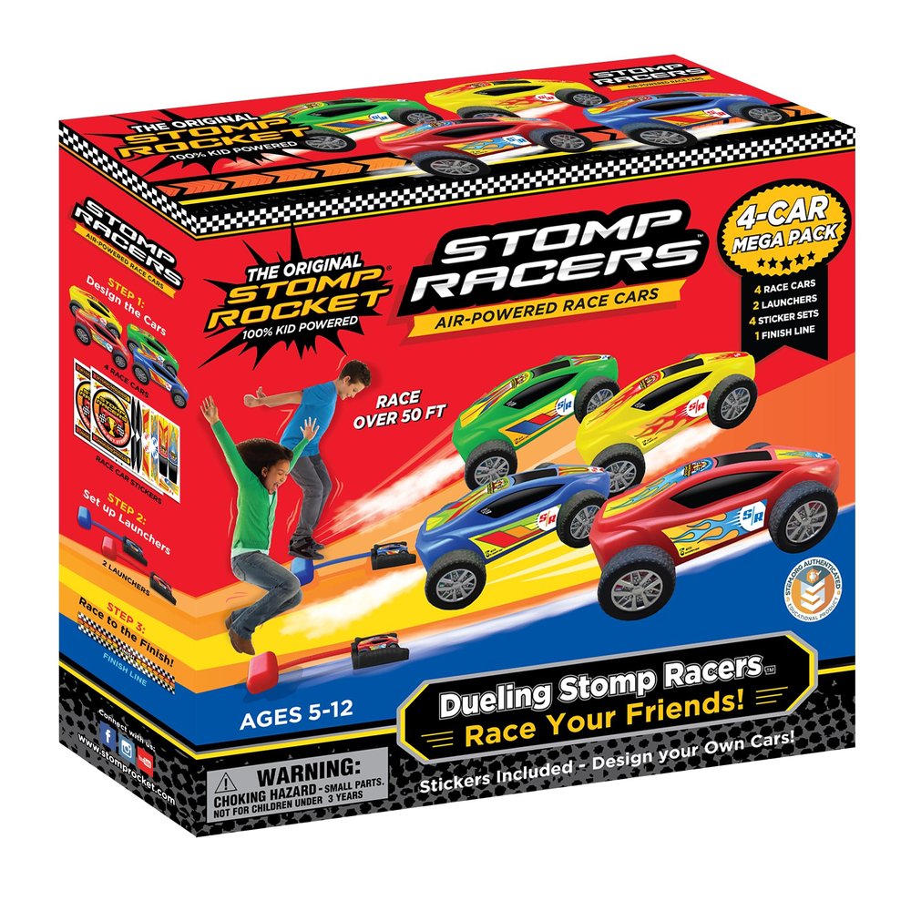 Stomp Racers Air Powered Race Cars by Stomp Rocket, 4 Car Mega Pack - Dueling Stomp Racers Toy Car Launcher - Fun Backyard & Outdoor Multi-Player Kids Toys Gifts for Boys, Girls & Toddlers
