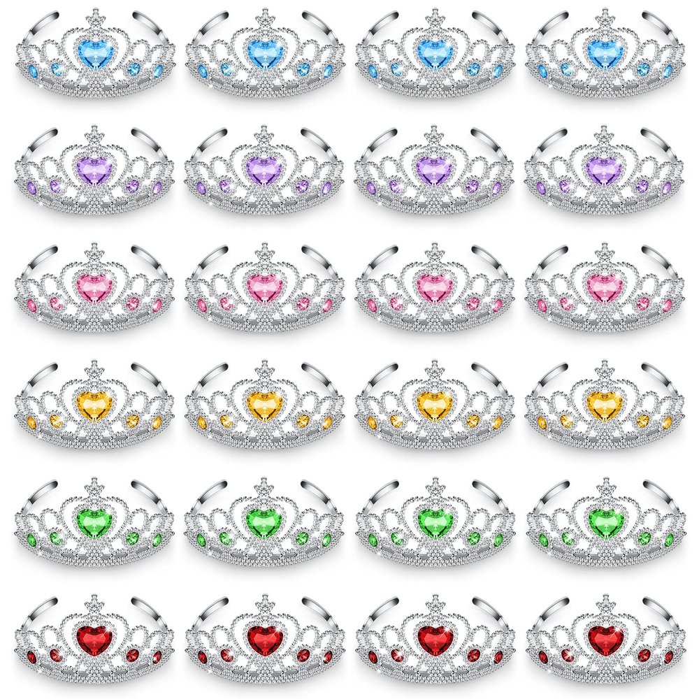 Zhanmai 24 Pcs Tiara Crown Set Princess Crown for Girls Plastic Tiaras Dress up Costume Party Favor Accessories Kid Birthday (Blue, Purple, Pink, Rose Red, Yellow, Green)